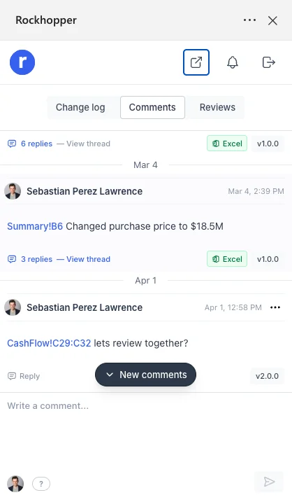 Rockhopper review pane showing spreadsheet review details and reviewer status