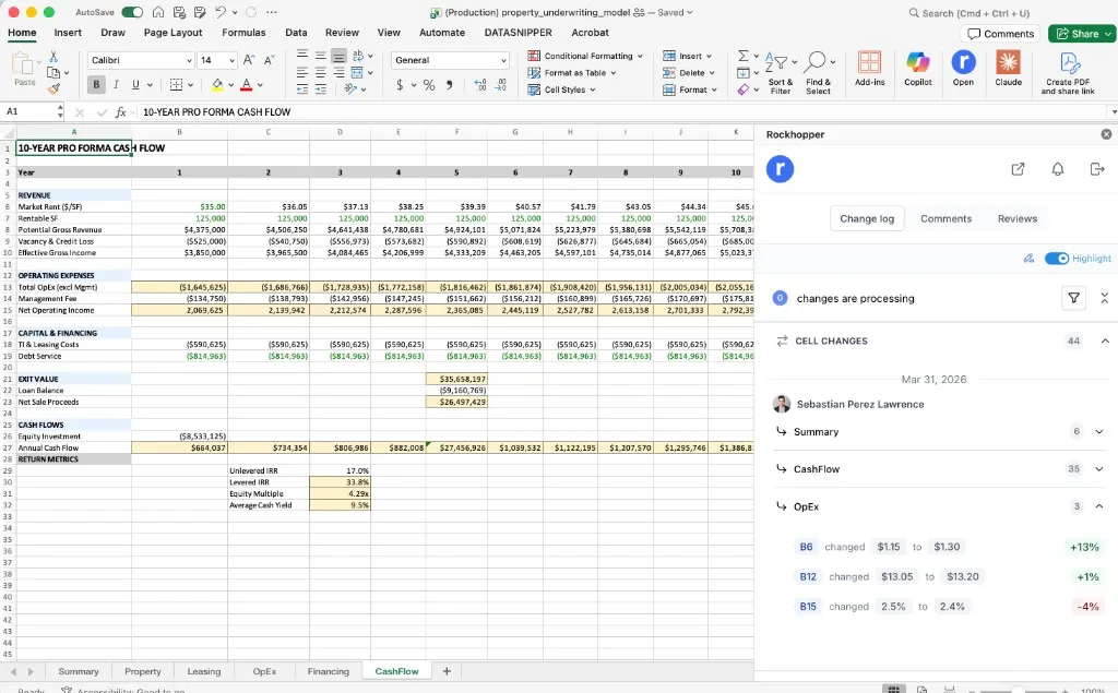 Rockhopper Excel add-in showing cell-level change tracking with user attribution