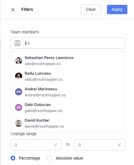 Rockhopper materiality filter panel showing team member and threshold controls