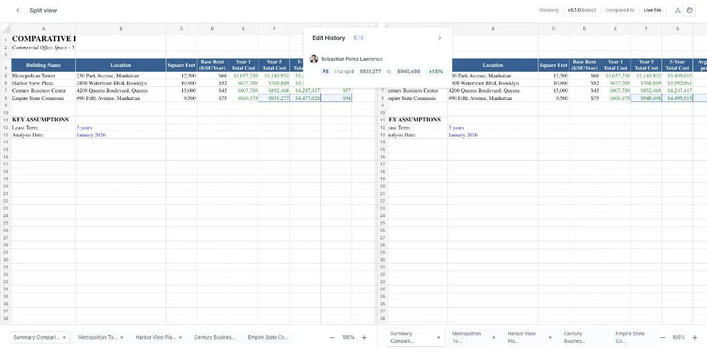 Rockhopper split view showing two versions of a spreadsheet side by side with highlighted changes