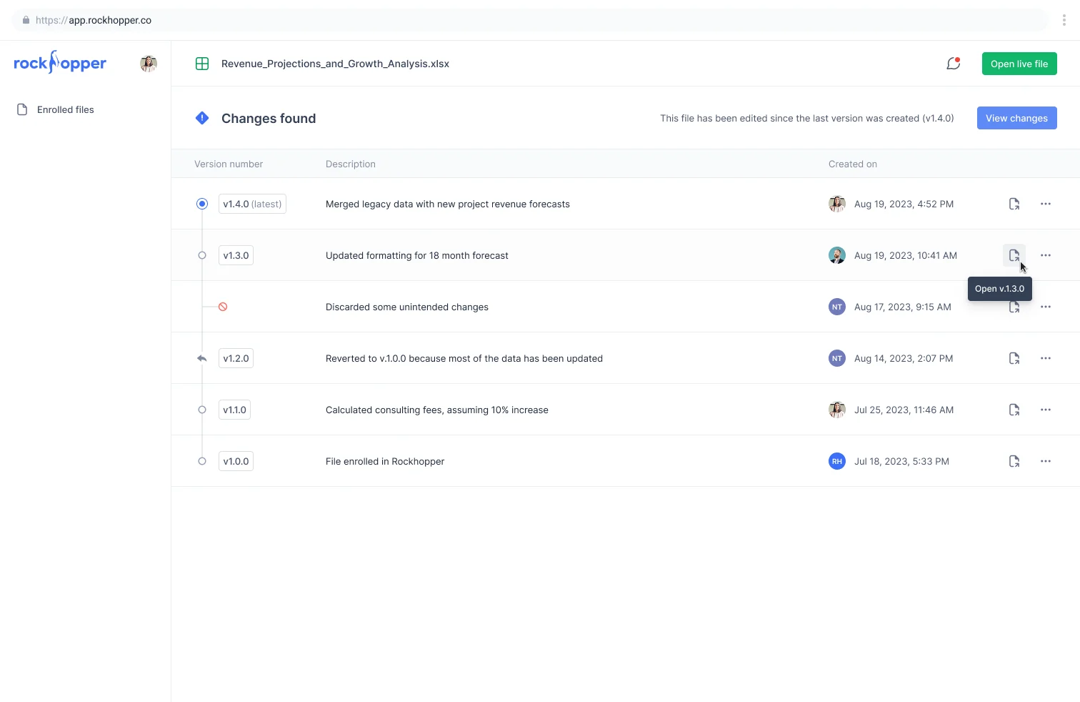 Rockhopper version control showing changes detected in a financial model