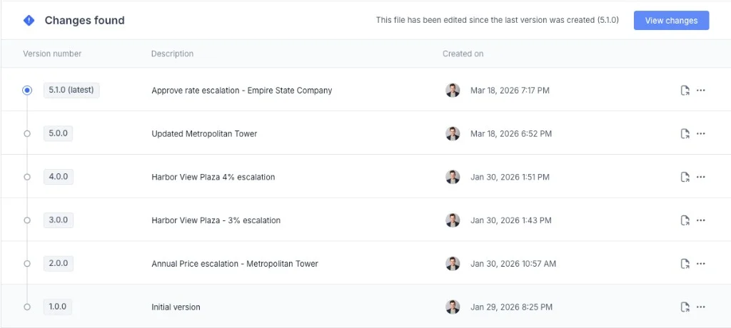 Rockhopper change review showing version comparison with material changes highlighted